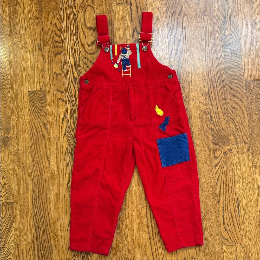 Vibrant Red Kids Overalls with Blue Pocket